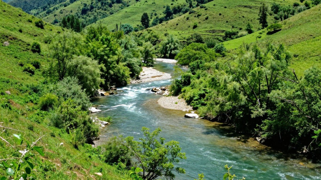Lush green watershed with a clear river flowing through hills.