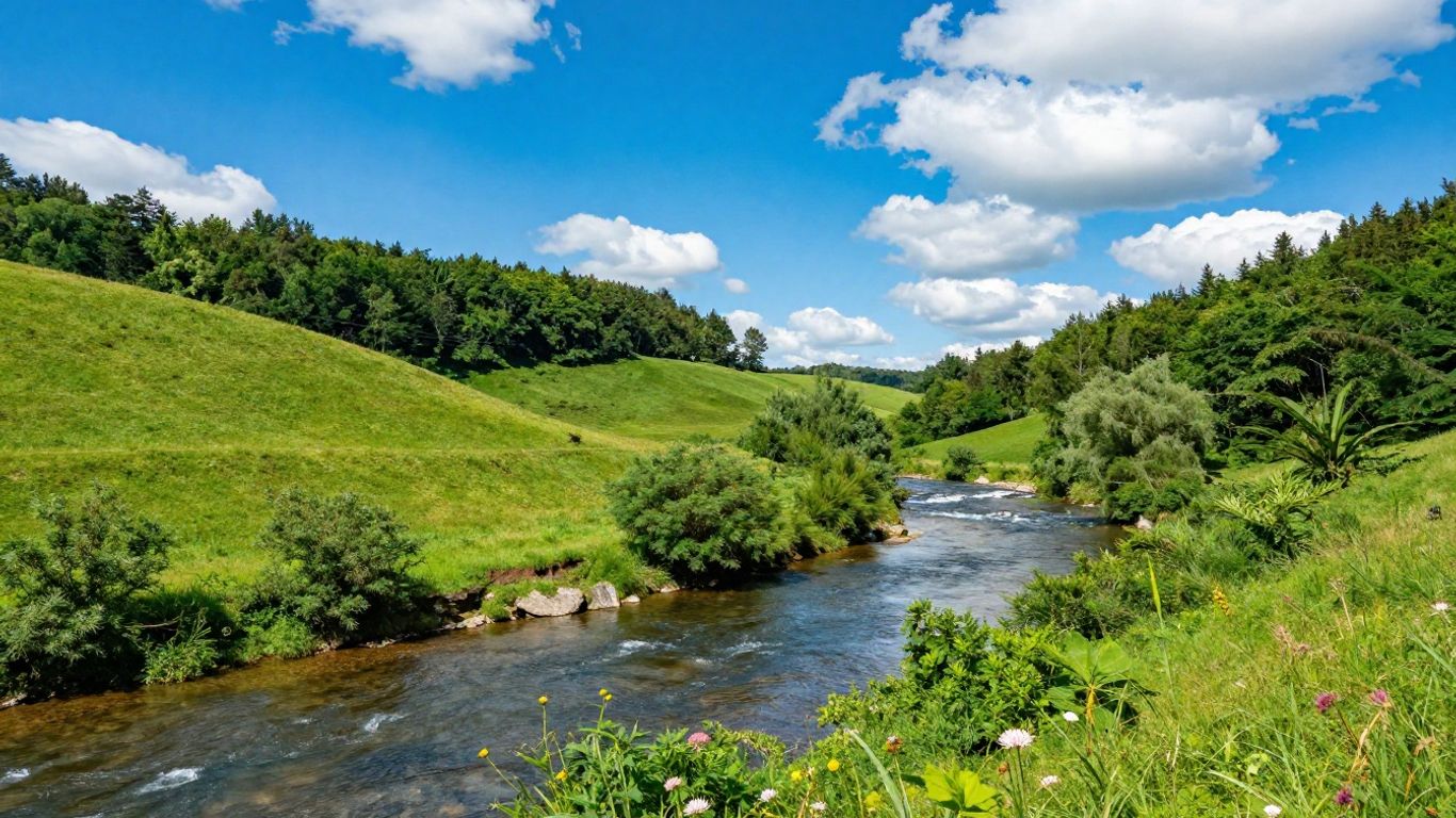 Lush watershed landscape with river and forest under blue sky.