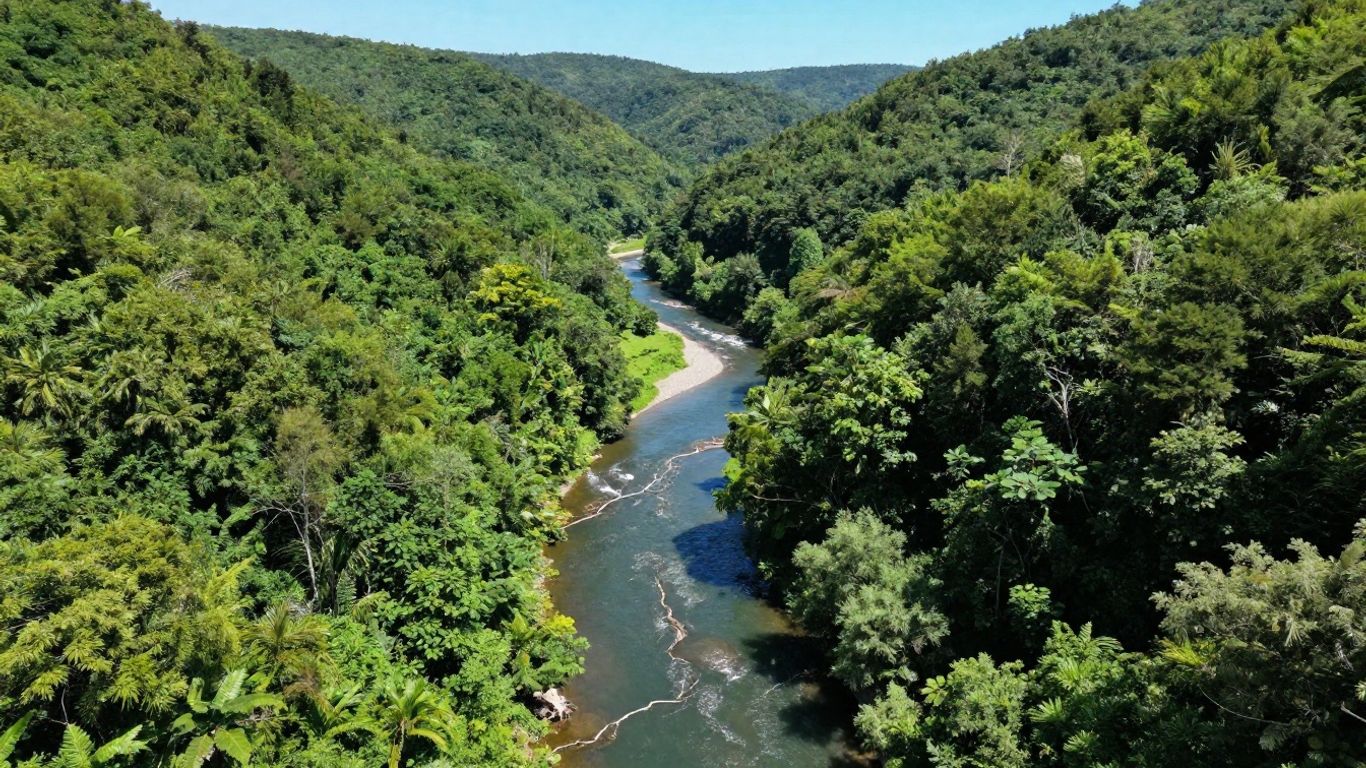 Aerial view of a river watershed with forests and sky.