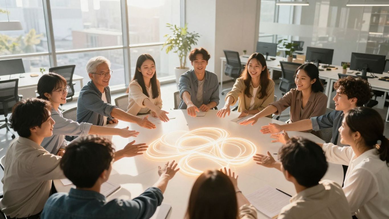People connecting and collaborating in a bright office.