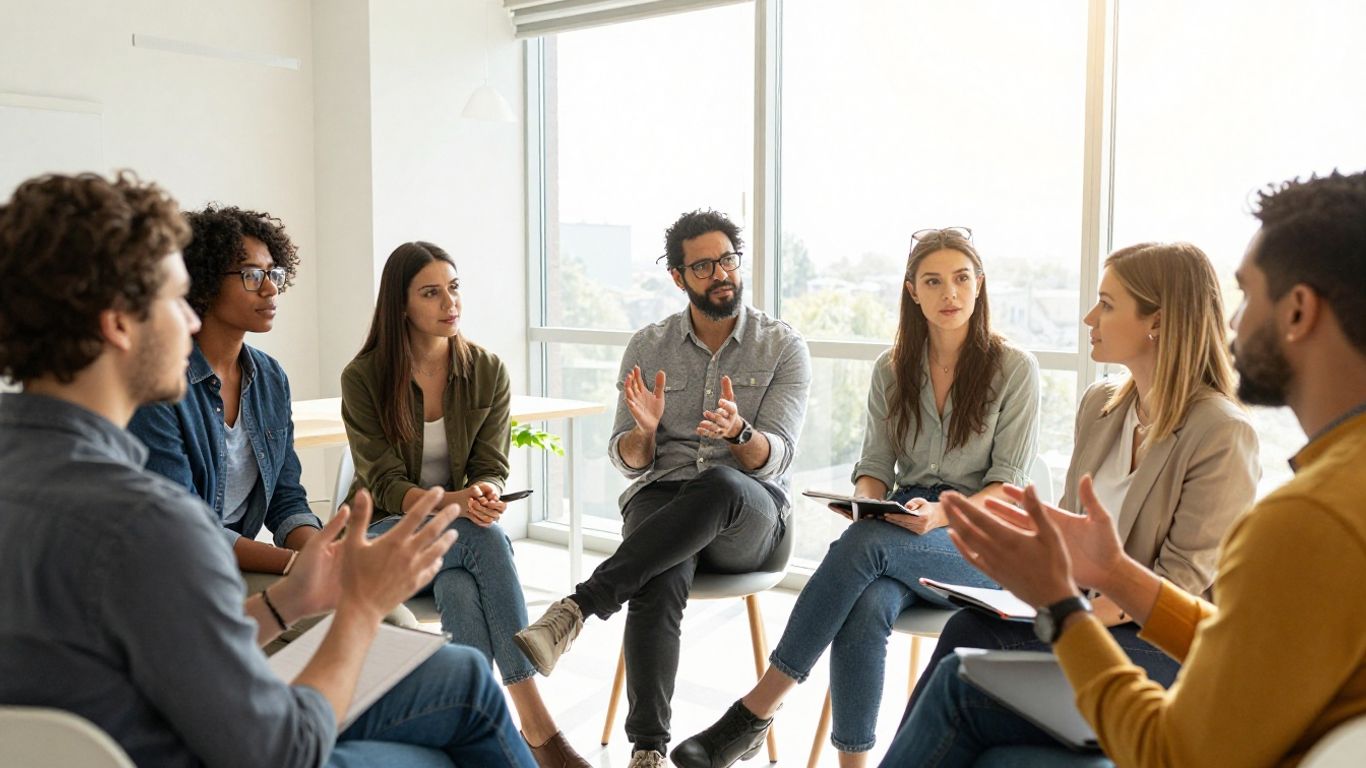 People collaborating in a bright, modern office.