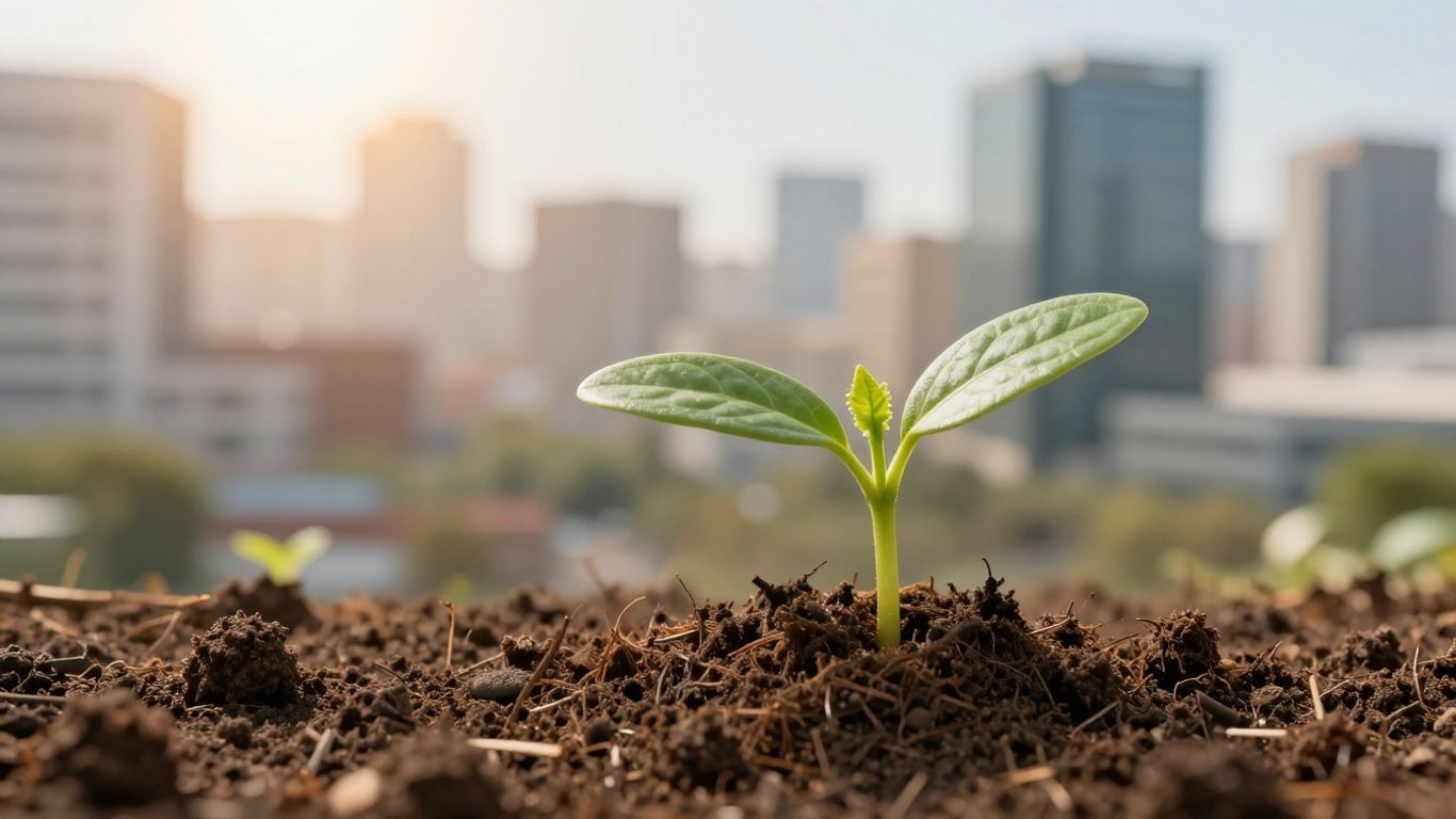 Green seedling growing from soil with cityscape background.