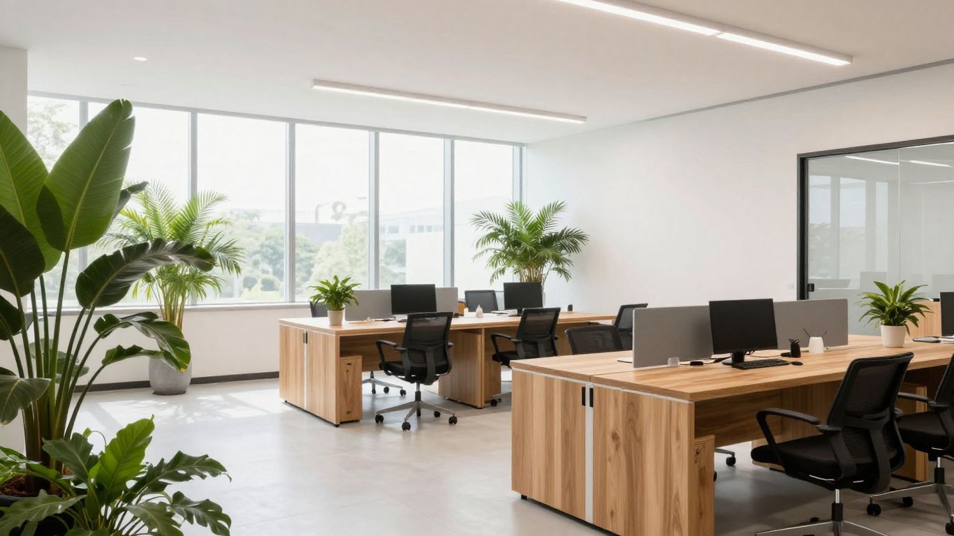 A vibrant, modern office interior with greenery.