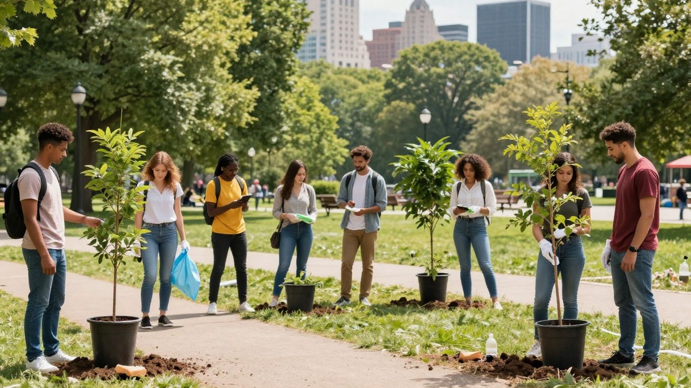Diverse community members participating in local volunteer service