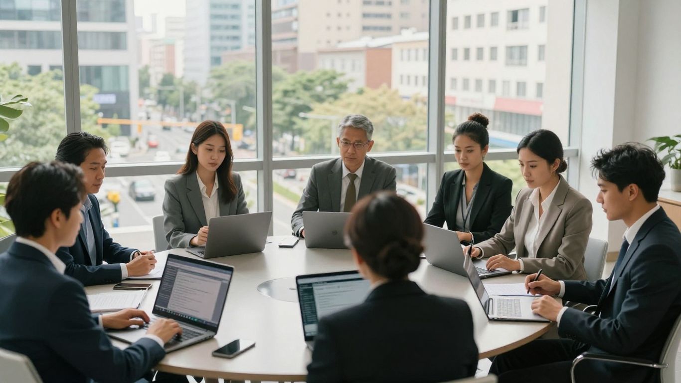 A diverse corporate office team discussing financial data