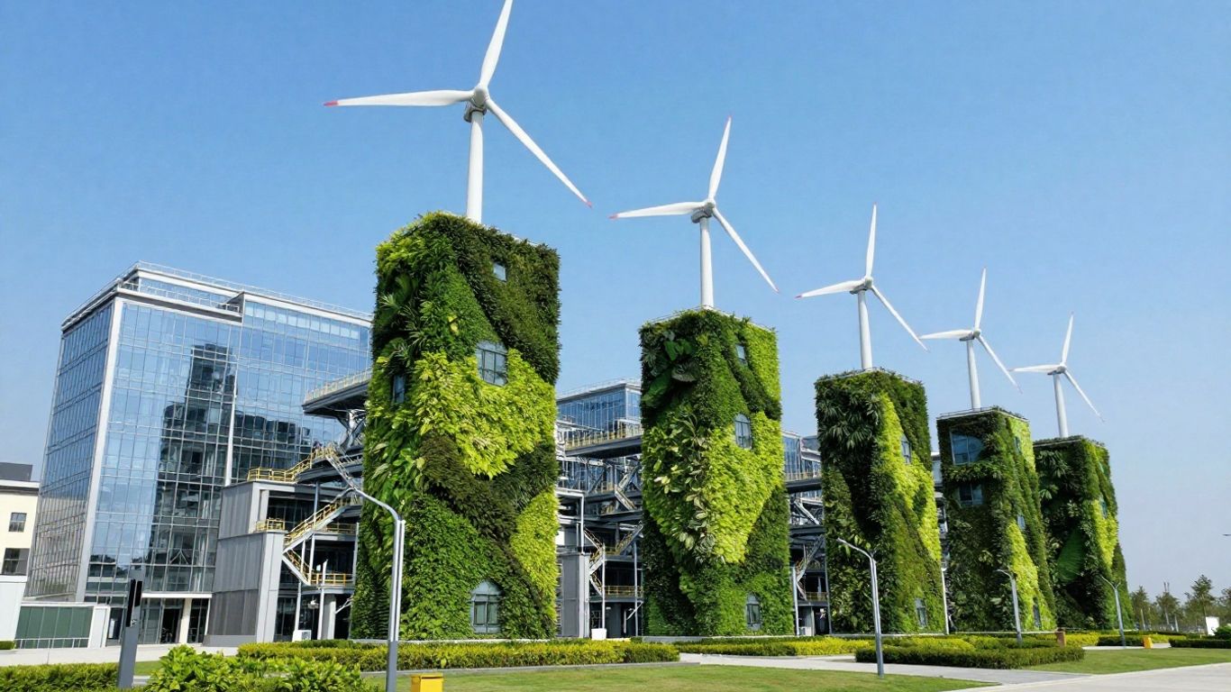 A futuristic facility with clean energy and lush greenery