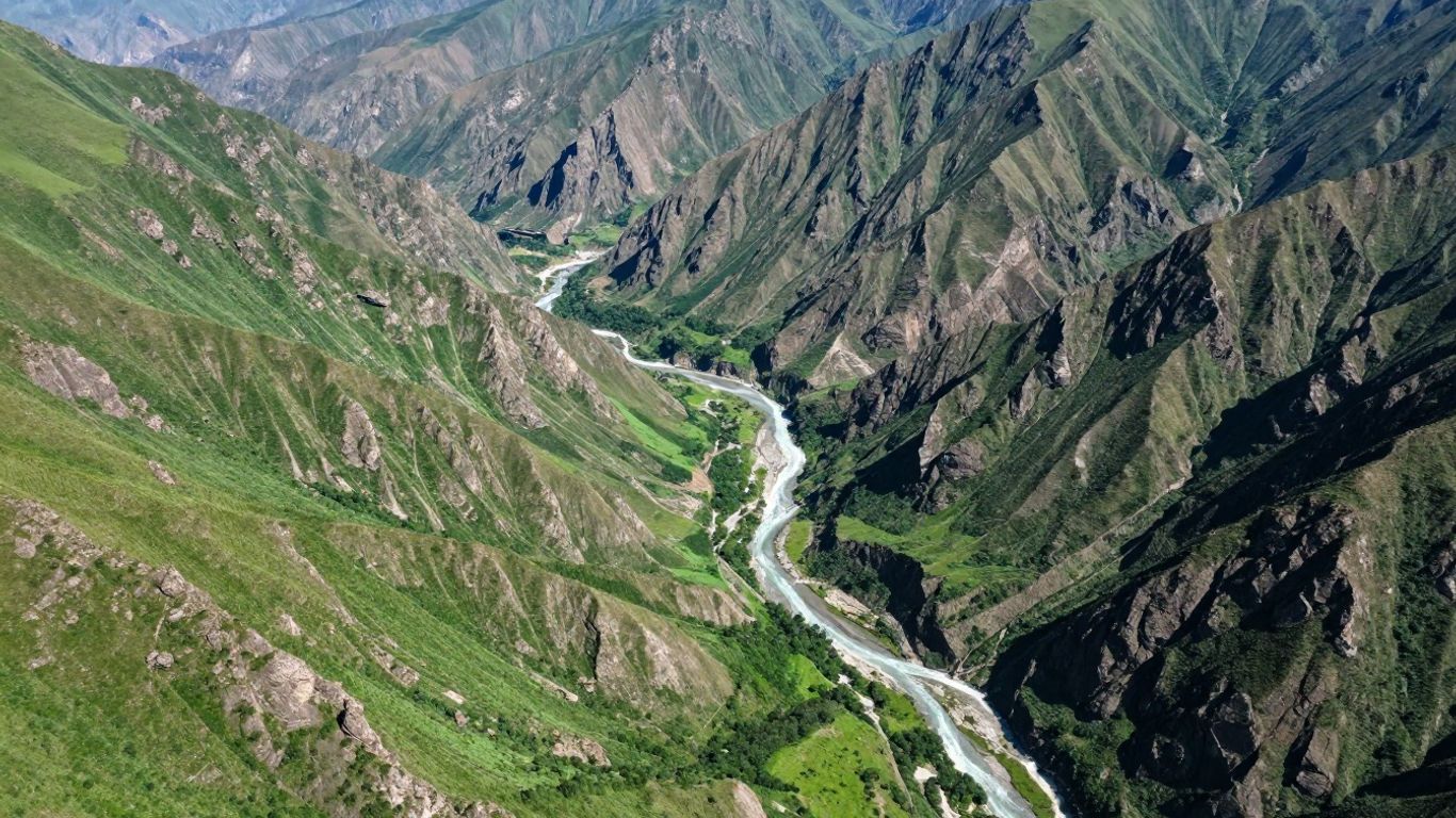 Rugged mountain terrain and winding river basins