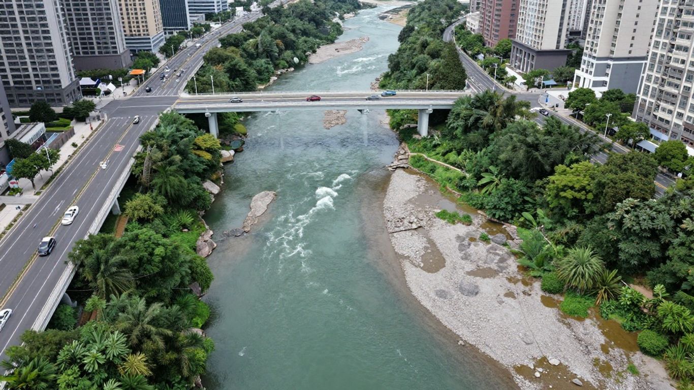 Urban infrastructure near a river bridge