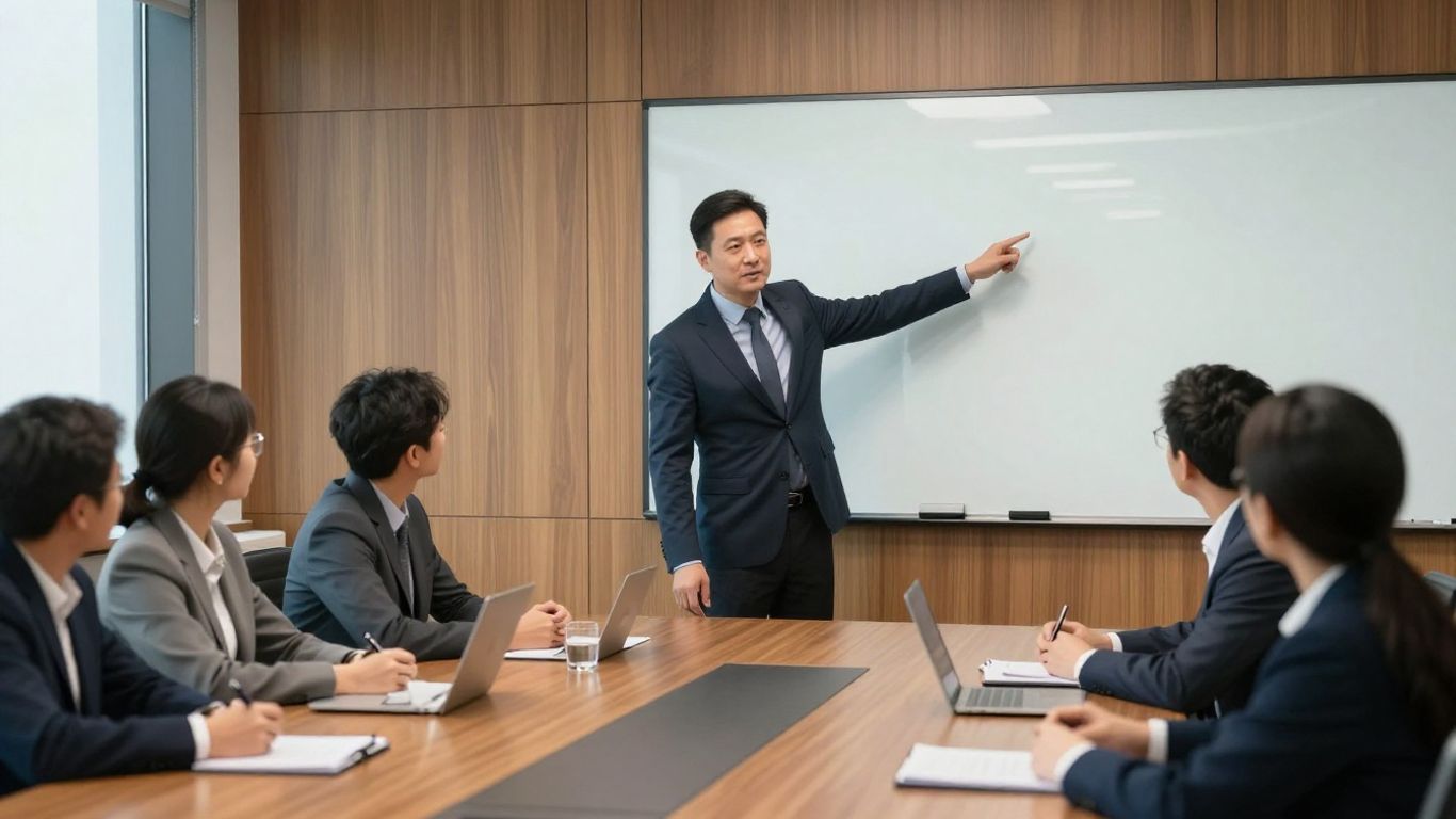 Manager explaining new standards to team during meeting