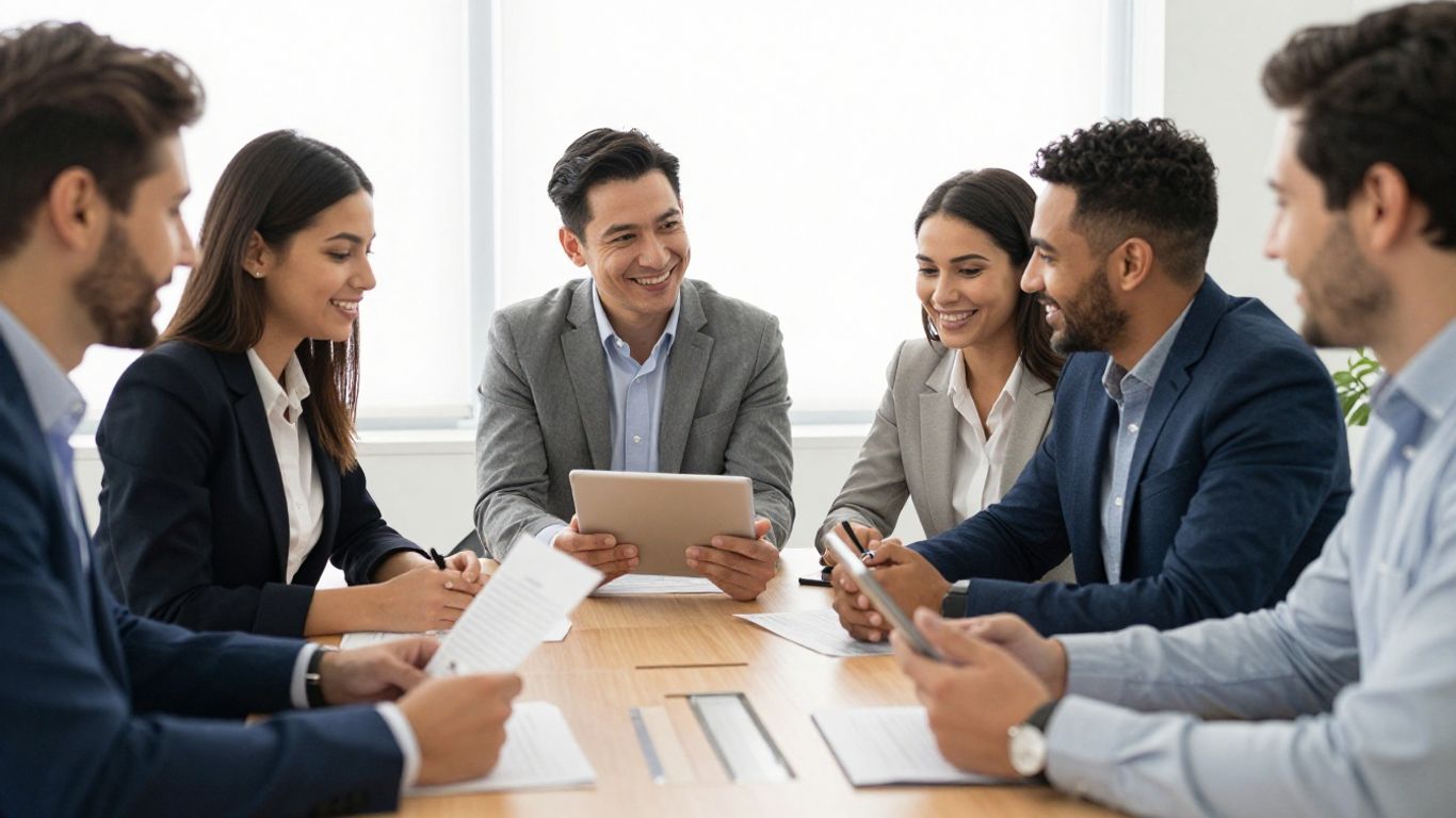 A diverse team collaborates on a project