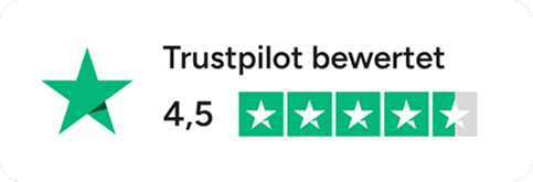 Trustpilot-Bewertung: 4,5 Sterne von 5, mit einer hervorgehobenen halbgefüllten letzten Sternbewertung.