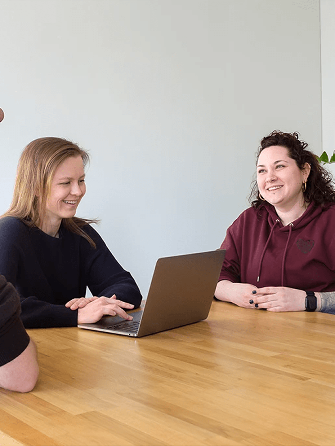 Gruppe lächelnder Personen am Tisch mit Laptop, besprechen ein Projekt in entspannter Atmosphäre.