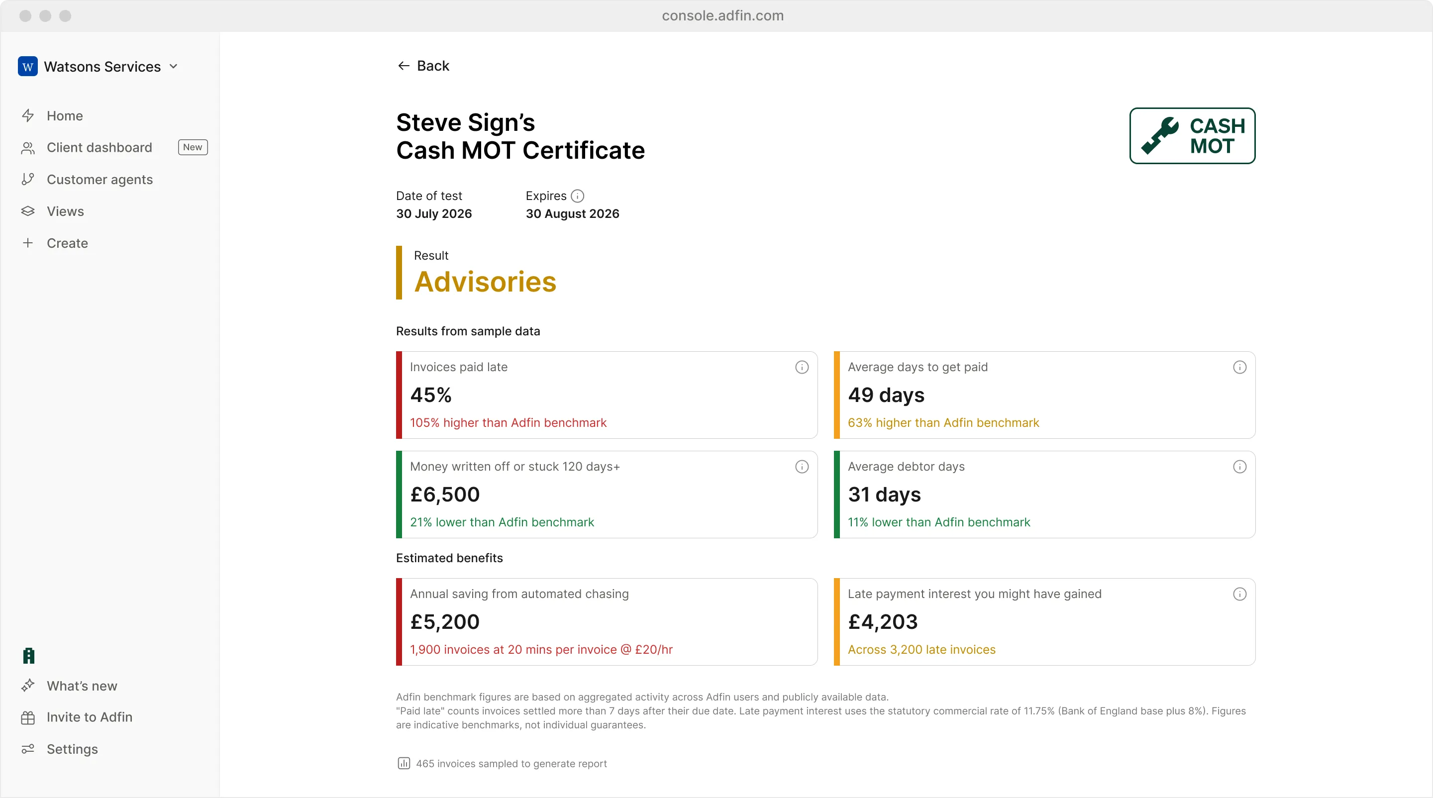 Adfin Cash MOT report showing cash flow advisories