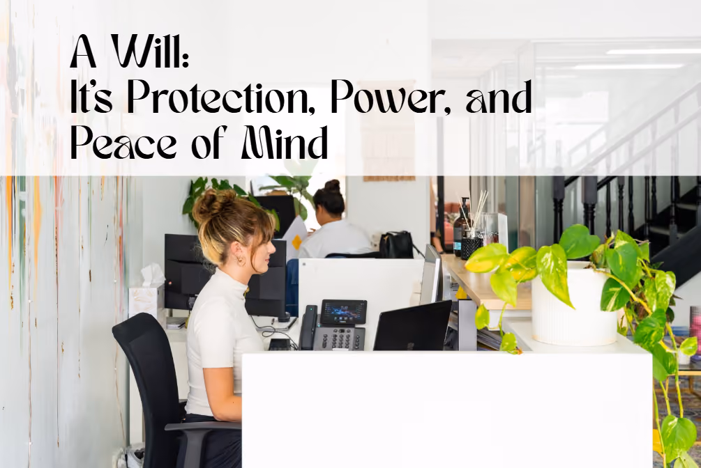 Woman working at a computer in a modern office, featuring the overlay text "A Will: It's Protection, Power, and Peace of Mind" for Respect Wills & Estates Melbourne.