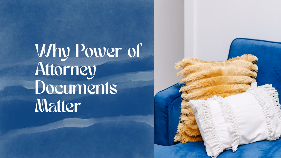 Blue velvet armchair with textured cushions and text overlay reading "Why Power of Attorney Documents Matter" for Respect Wills & Estates.