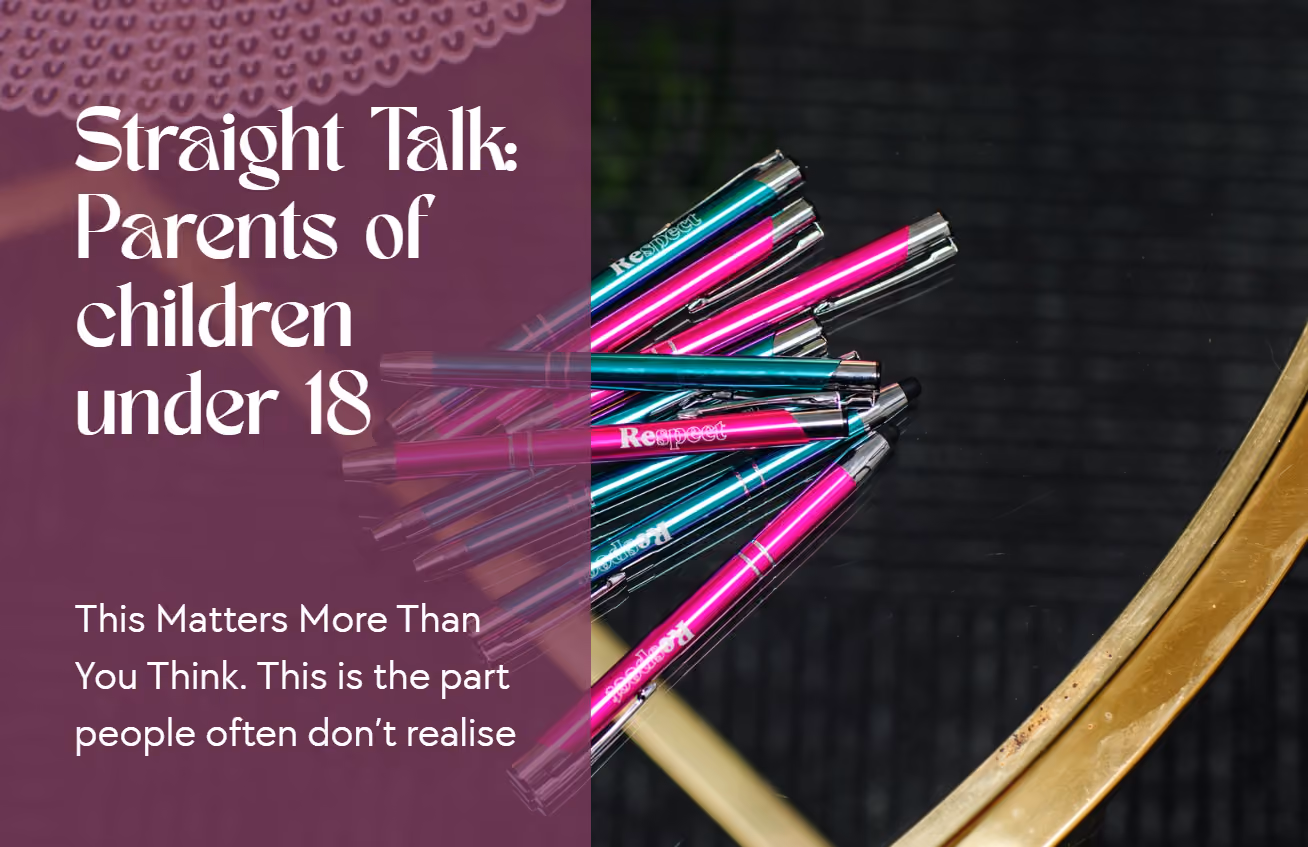 Branded metallic pink and teal pens next to title text reading "Straight Talk: Parents of children under 18" by Respect Wills & Estates.