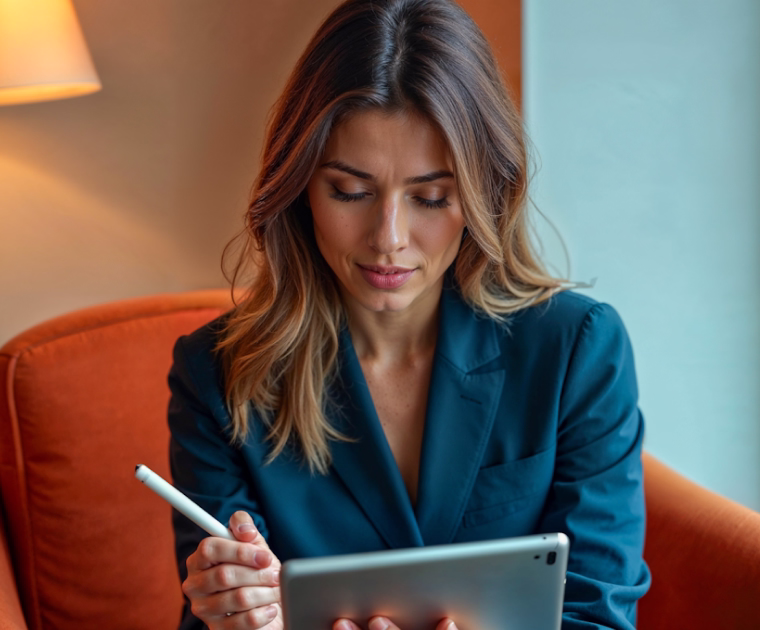 Woman seated with tablet