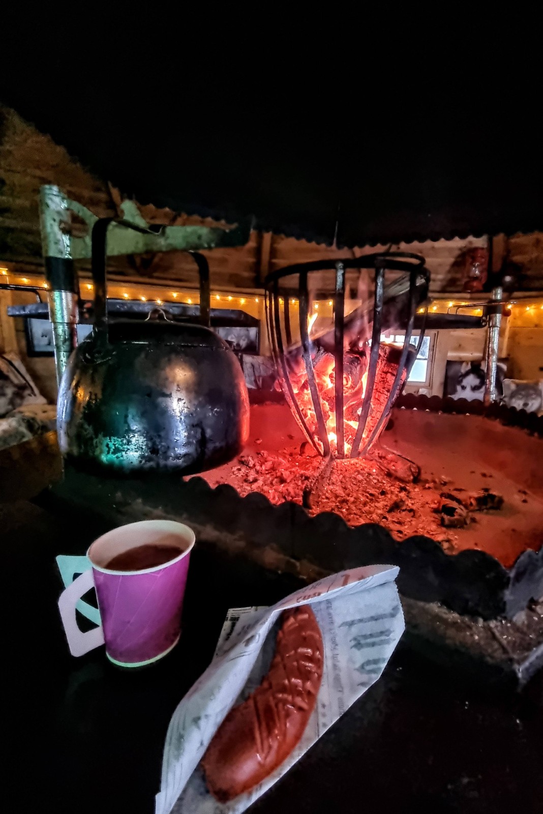 Warm juice and grilled sausage by the fire at Tundra Huskies