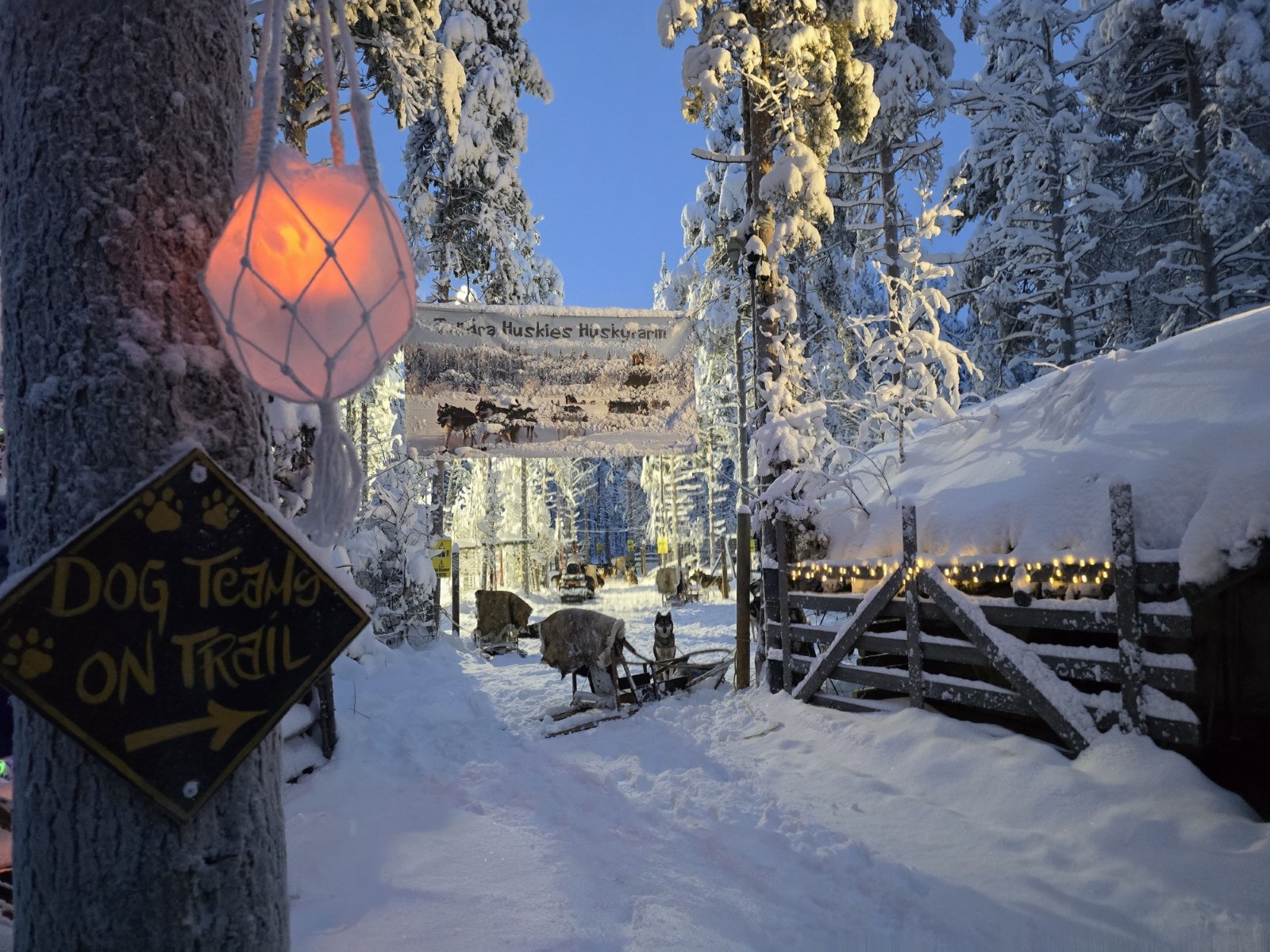 Snowy entrance to the Tundra Huskies farm near Levi