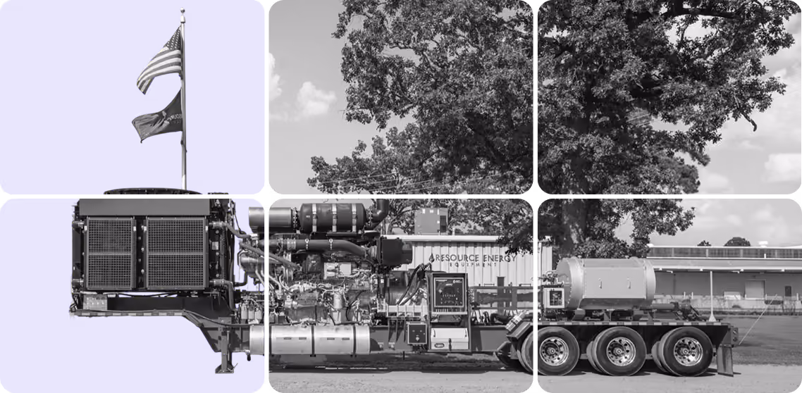 Large industrial engine on a trailer in front of a Resource Energy Equipment container and tree.