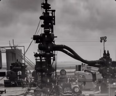 Industrial site with complex machinery and large pipes under a cloudy sky in black and white.