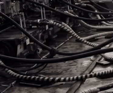 Close-up of numerous thick, black cables coiled and laid on a metallic surface.