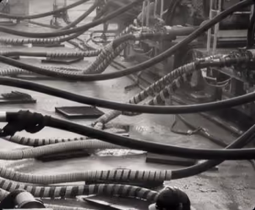Close-up of industrial hoses and cables on a wet factory floor, wrapped with protective material.