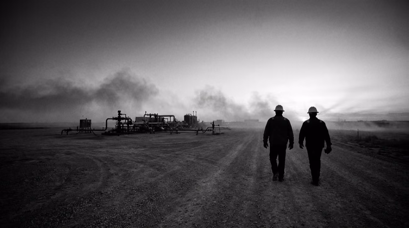 Two workers in hard hats walk on a dirt road near industrial pipes and equipment at sunrise.