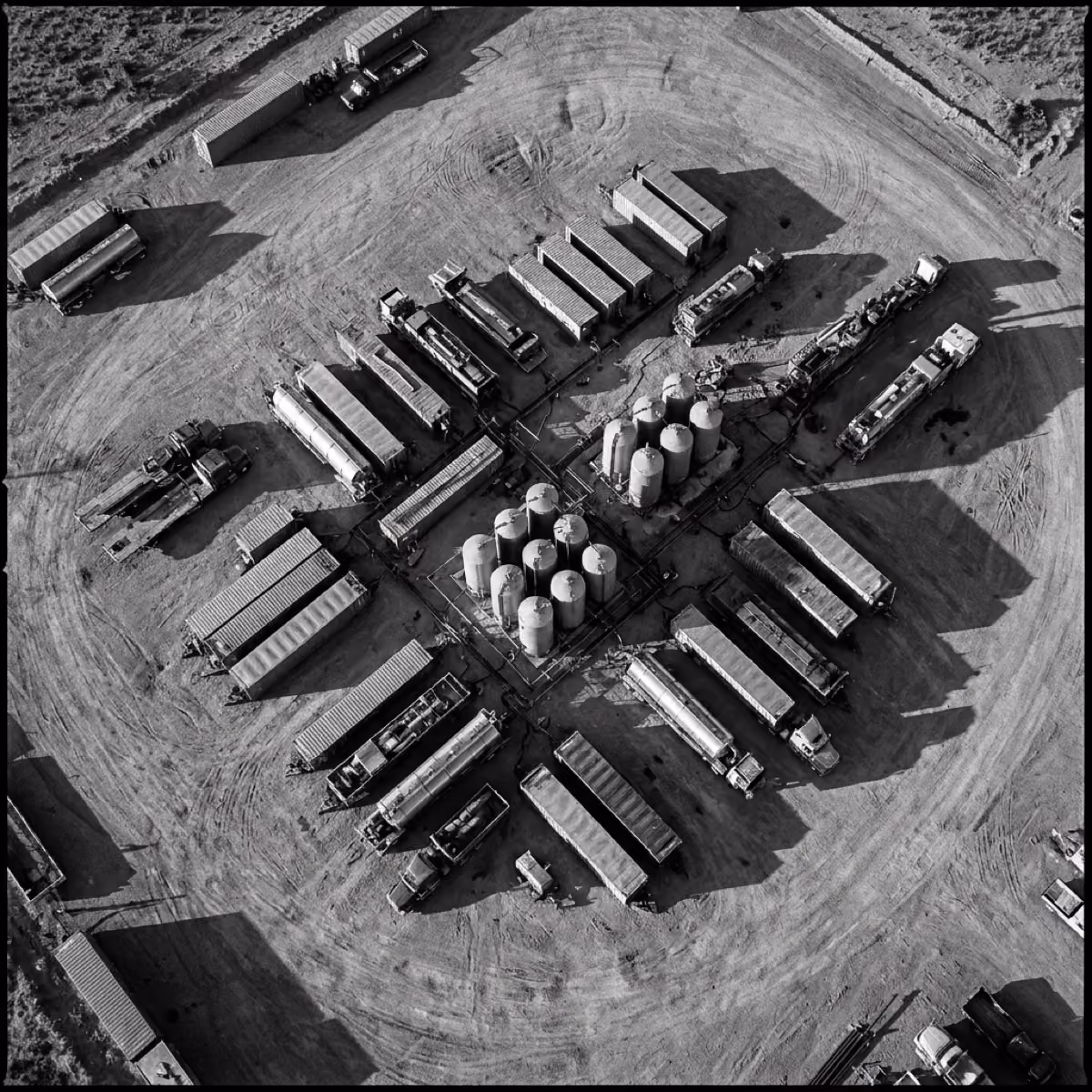 Aerial view of industrial site with trucks and large cylindrical storage tanks casting long shadows.