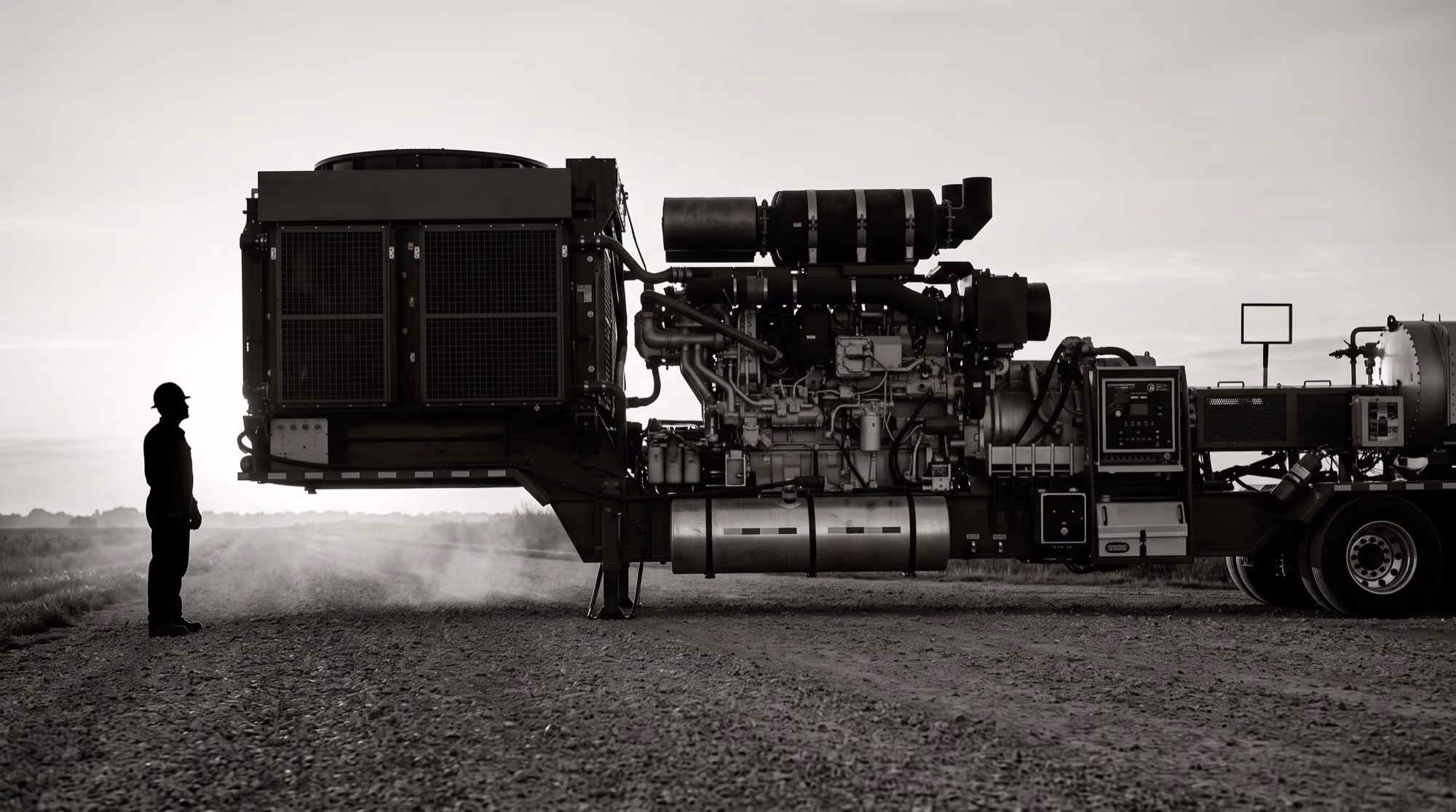 Silhouette of a worker standing beside a large industrial machine on a gravel surface at sunset.