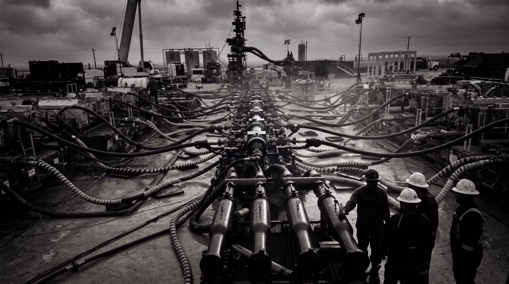 Black-and-white image of four workers with hard hats near complex industrial machinery and pipes outdoors.