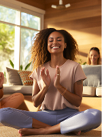 A young woman with curly hair sitting cross-legged on the floor, smiling and meditating with hands in a prayer position inside a bright room.