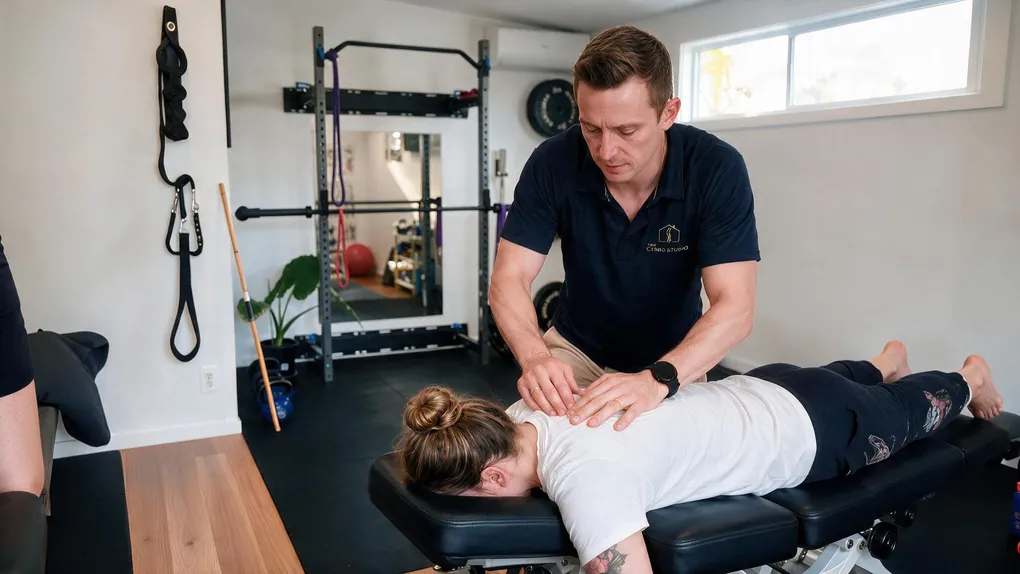 Andrew Ullo, chiropractor in Charlestown, giving hands-on care to a patient