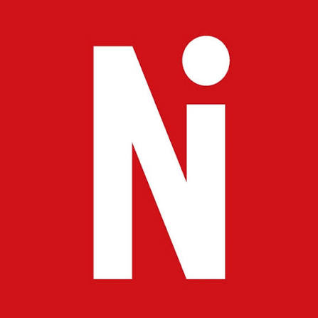 White uppercase letter N with a dot above it on a red square background.