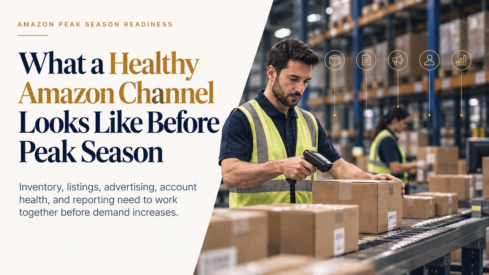 Amazon channel readiness before peak season, covering inventory, listings, advertising, account health, and reporting.
