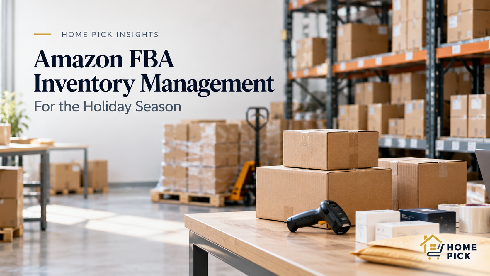 Amazon FBA inventory planning workspace with shipping cartons, a barcode scanner, and warehouse shelving.