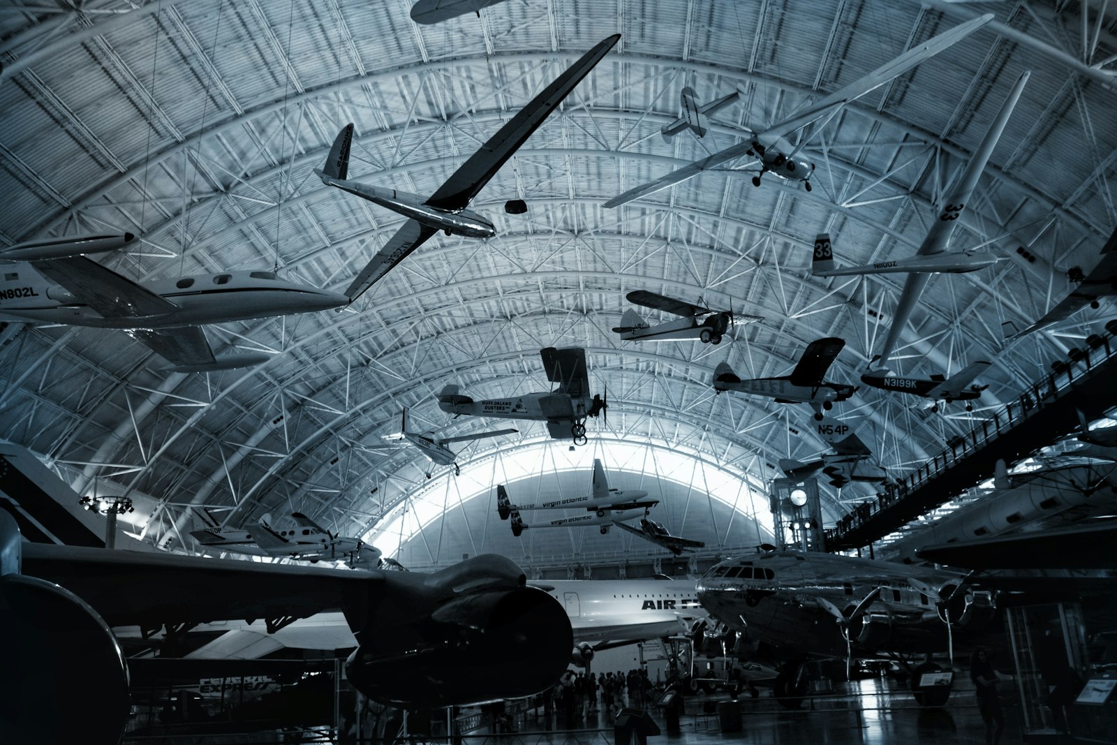 Aircraft on display in an aerospace hangar