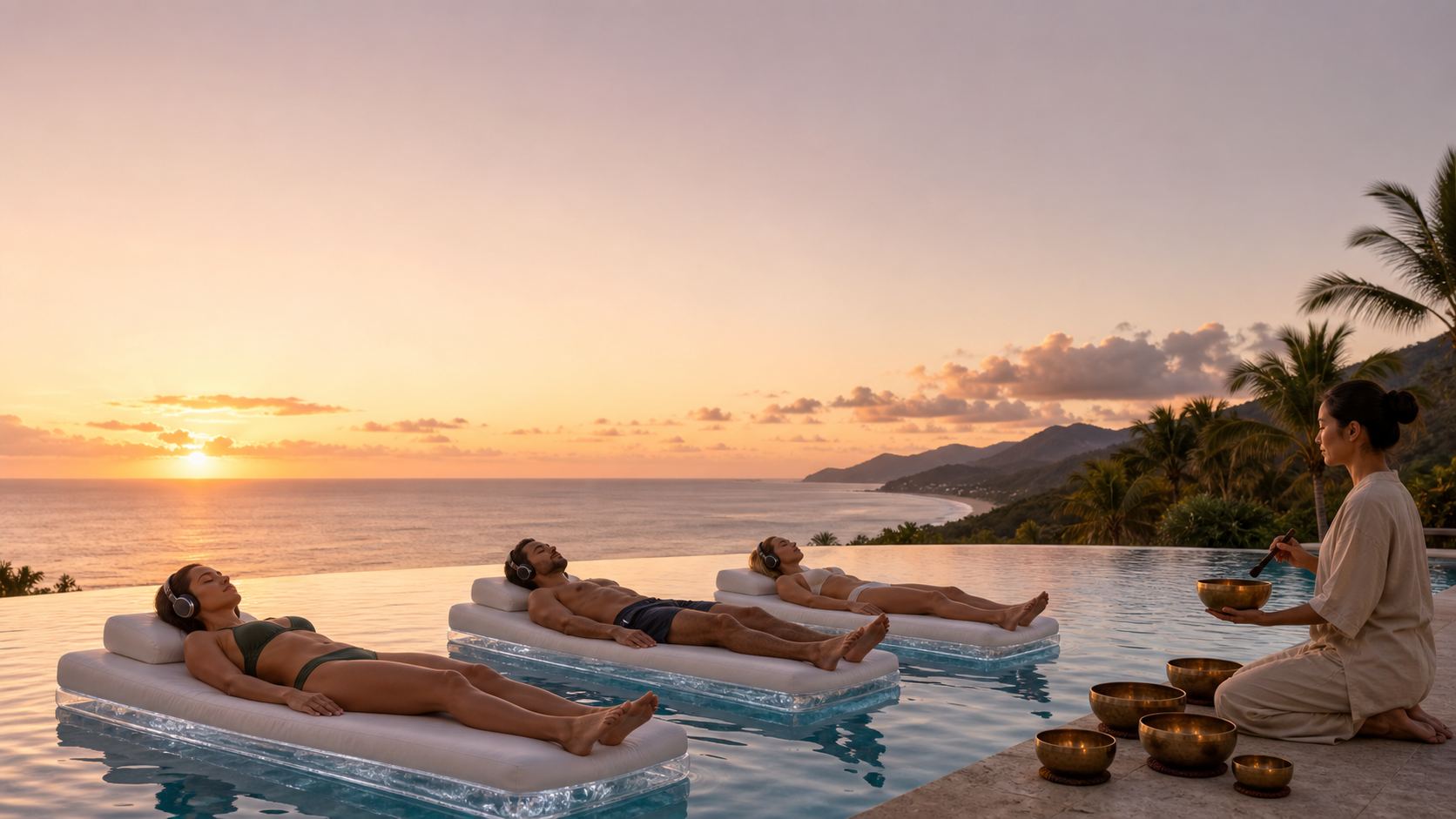 Guests floating during a sunset sound bath