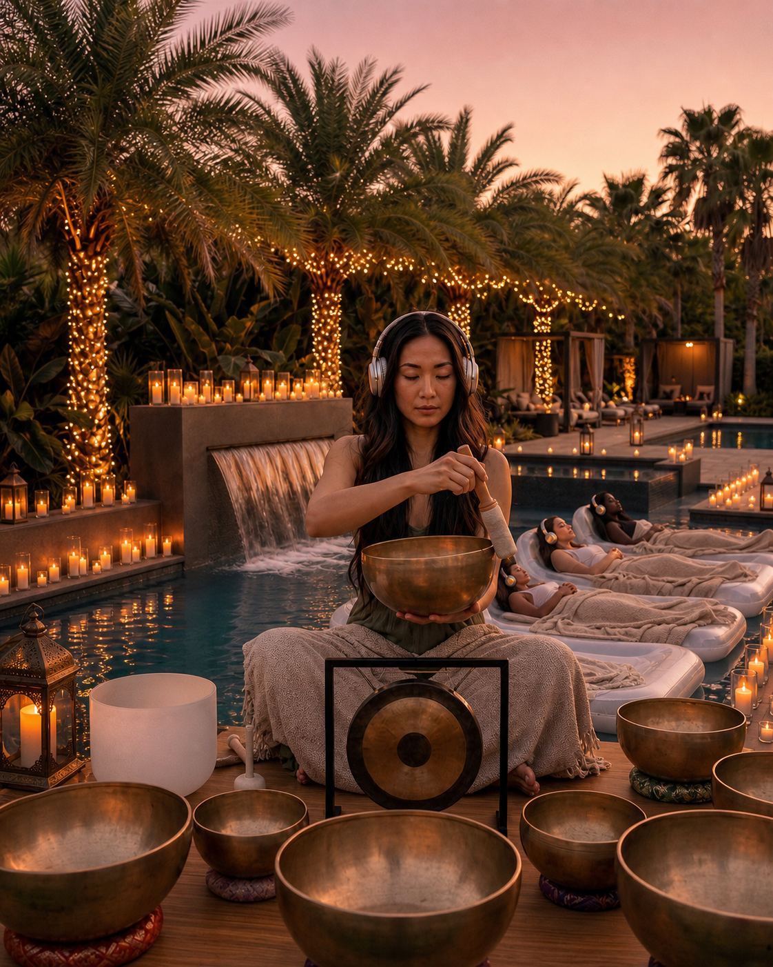 Sound healing practitioner beside water