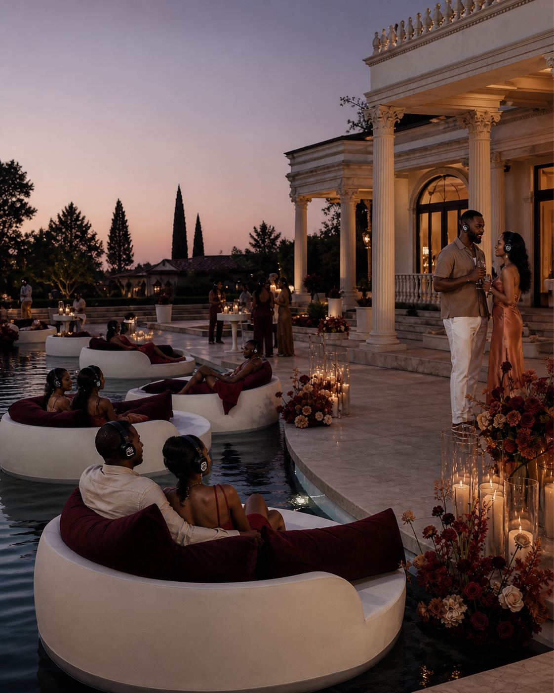 a private candlelit evening at a villa, guests in headphones on floating lounges