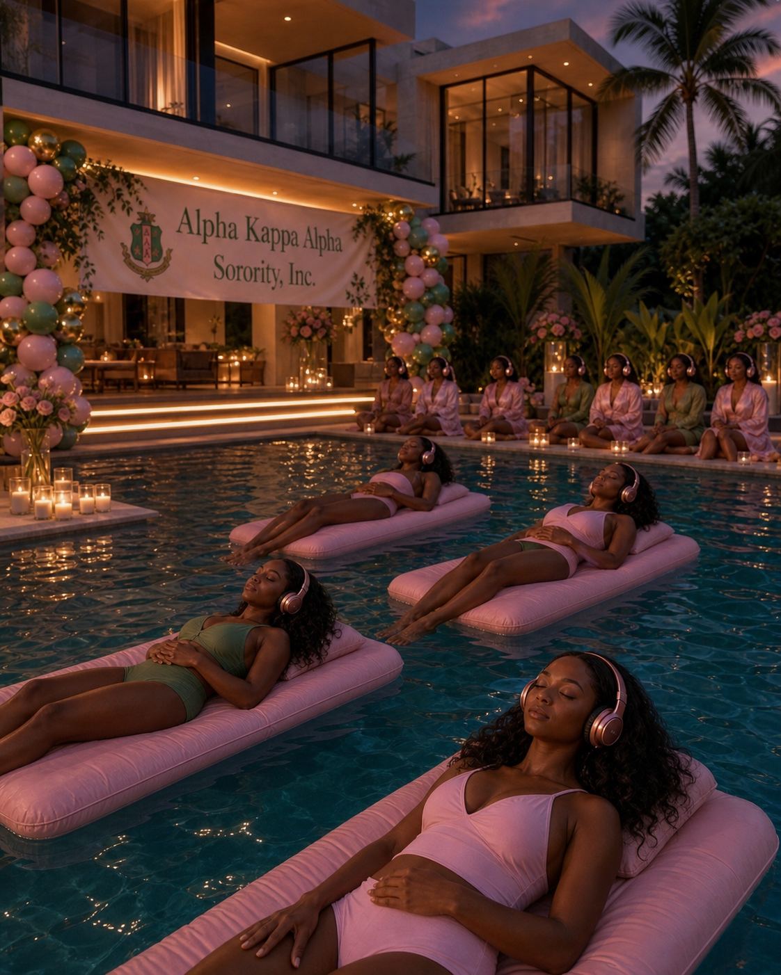 a sorority chapter celebration, floats and headphones in chapter colors