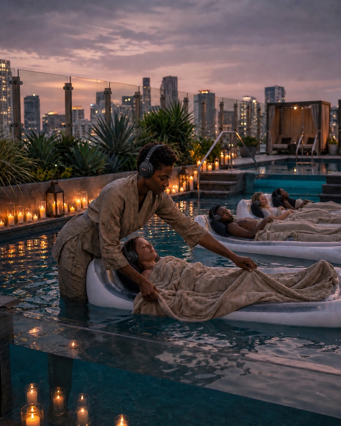 brass bowls and tea beside a rooftop pool at dusk