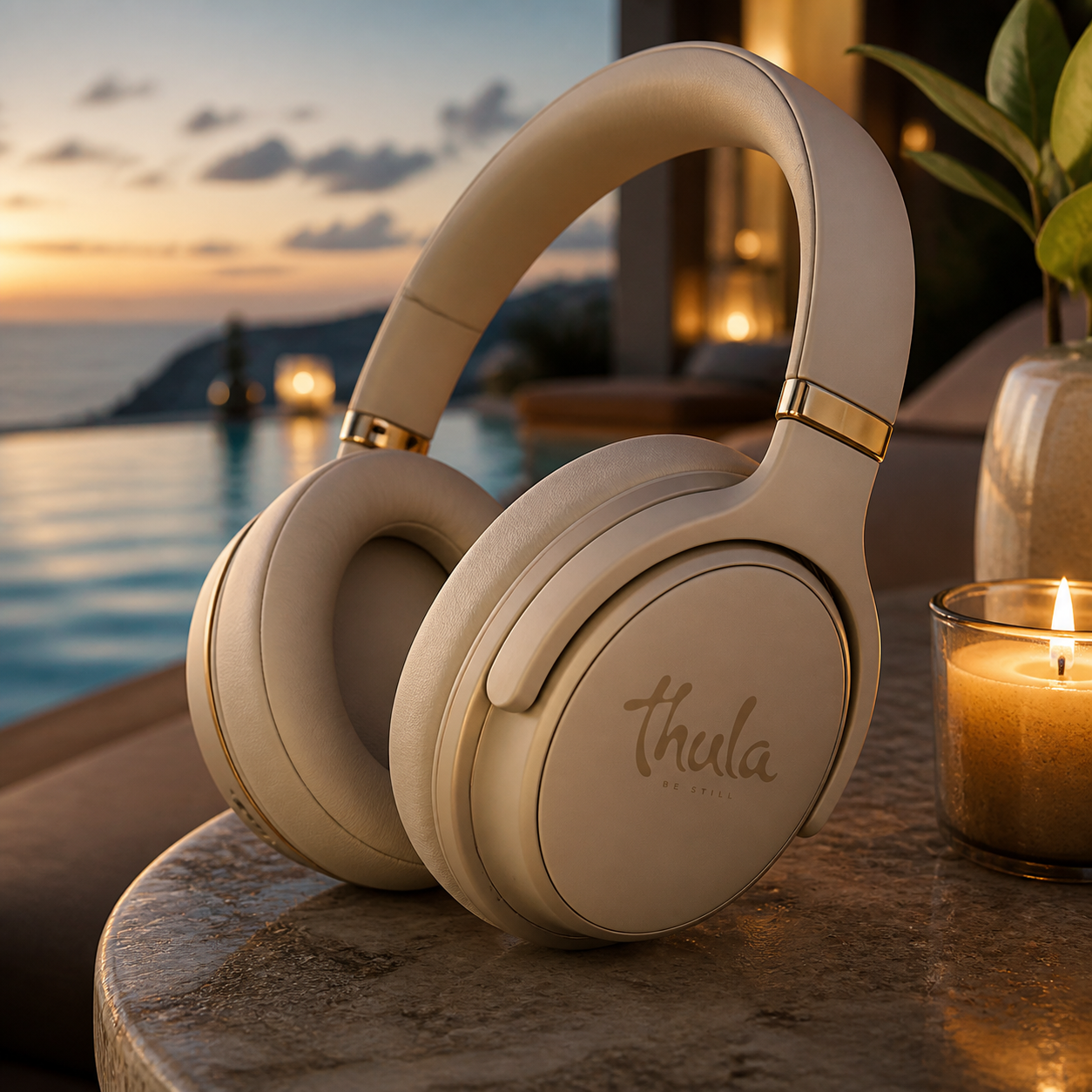 a close-up of thula headphones beside the pool at dusk