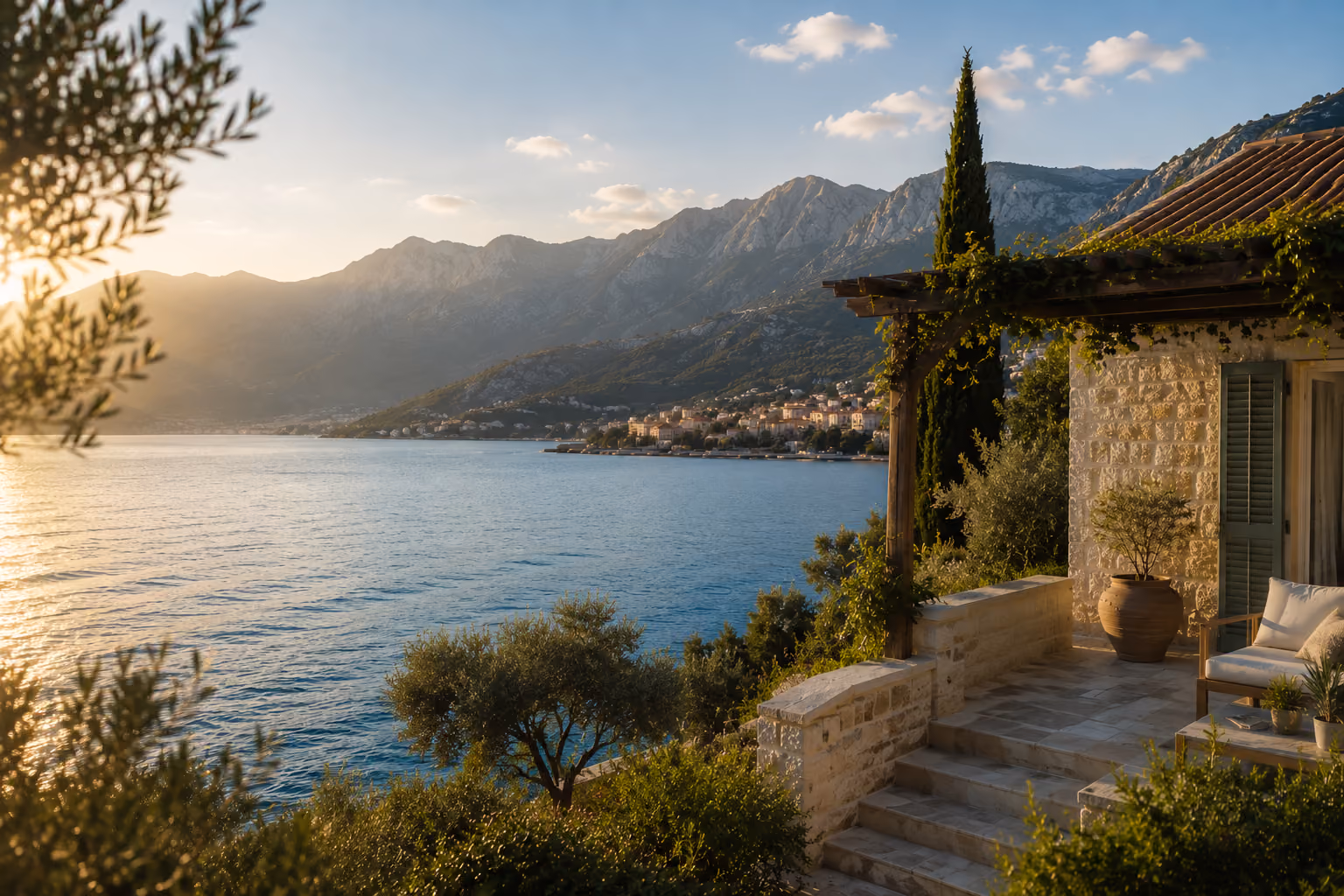 Stone house terrace at golden hour overlooking the bay and surrounding mountains