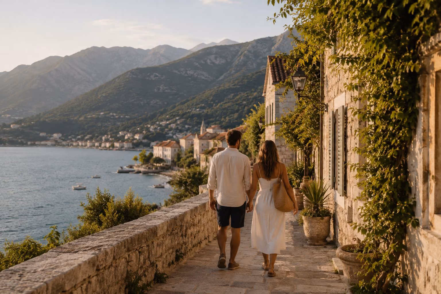 Couple walking along a stone waterfront path in an Adriatic coastal village