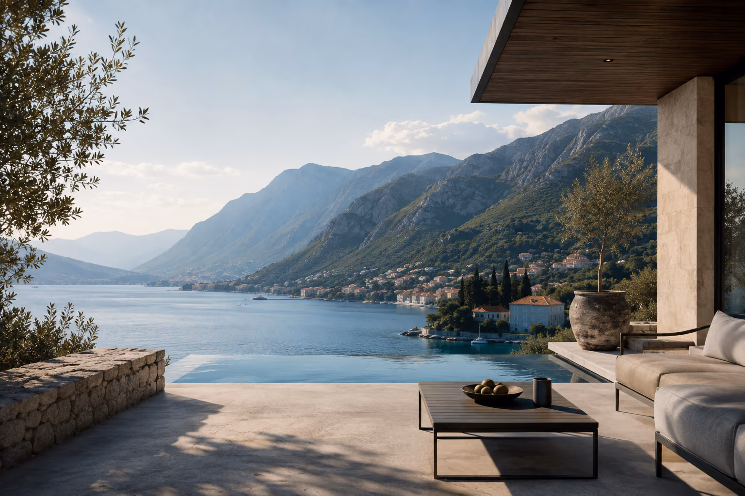 Covered terrace with seating overlooking the Bay of Kotor