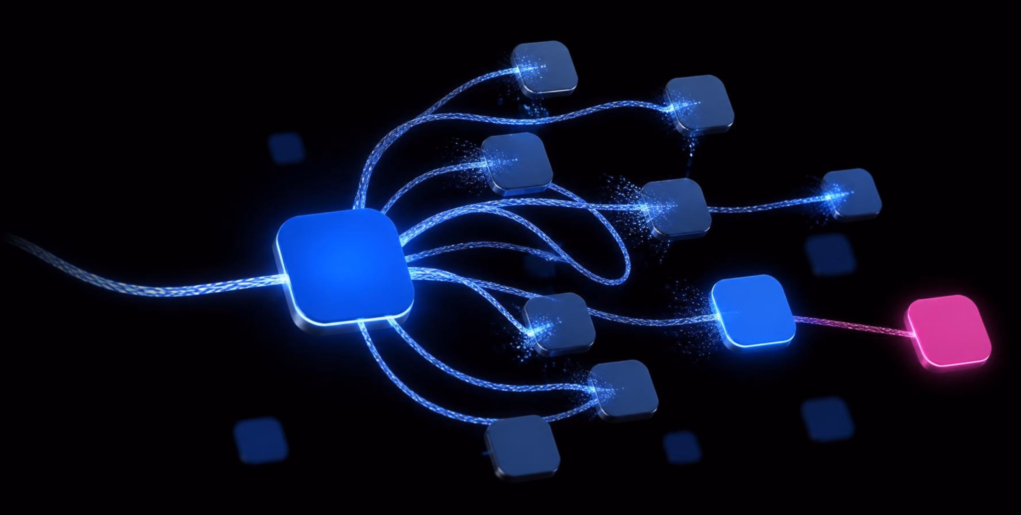 Abstract render of a single luminous tile at the centre of converging light paths, representing the SentinelCore orchestration engine