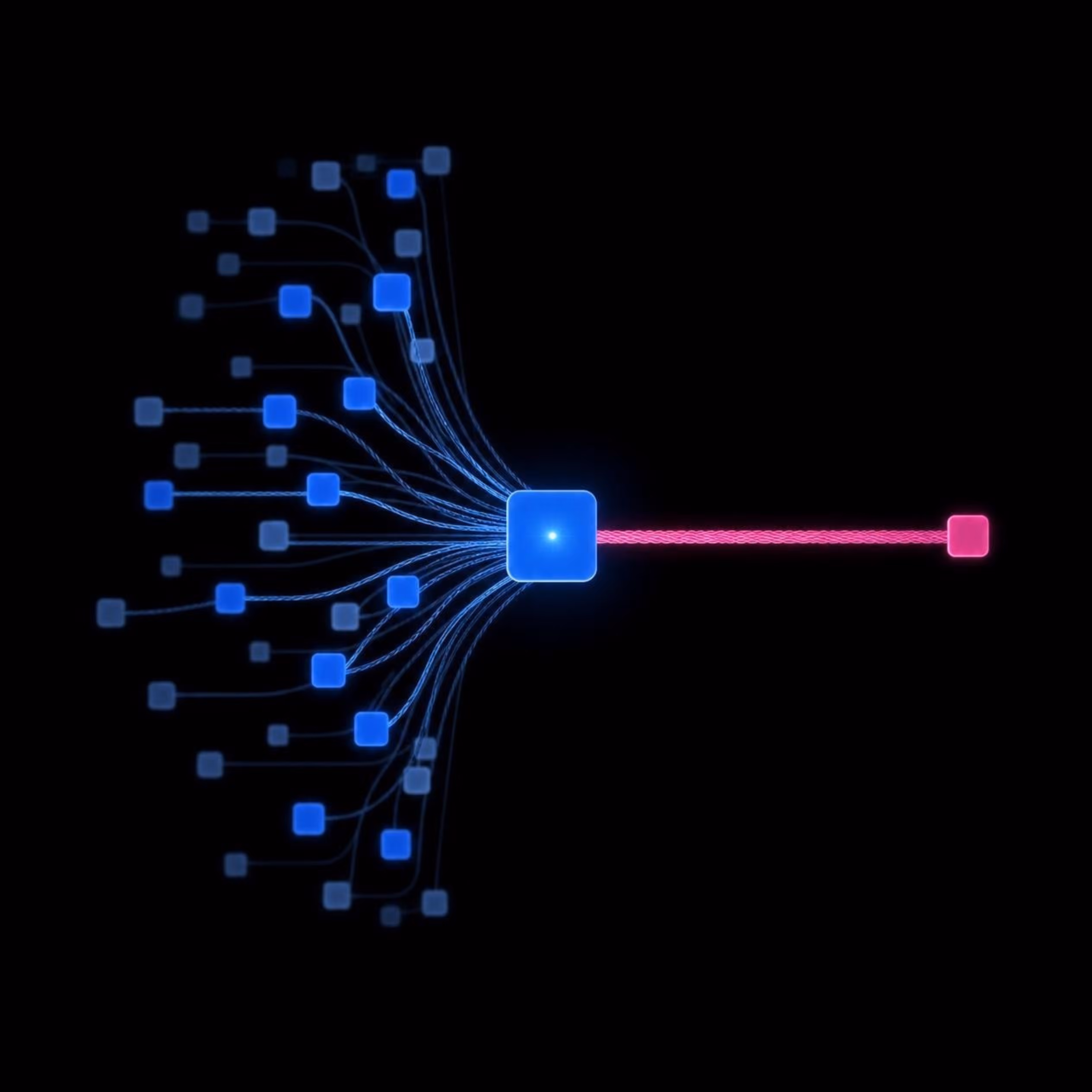 Abstract render of glowing filaments converging into a single bright tile, representing Sentinel's orchestration engine