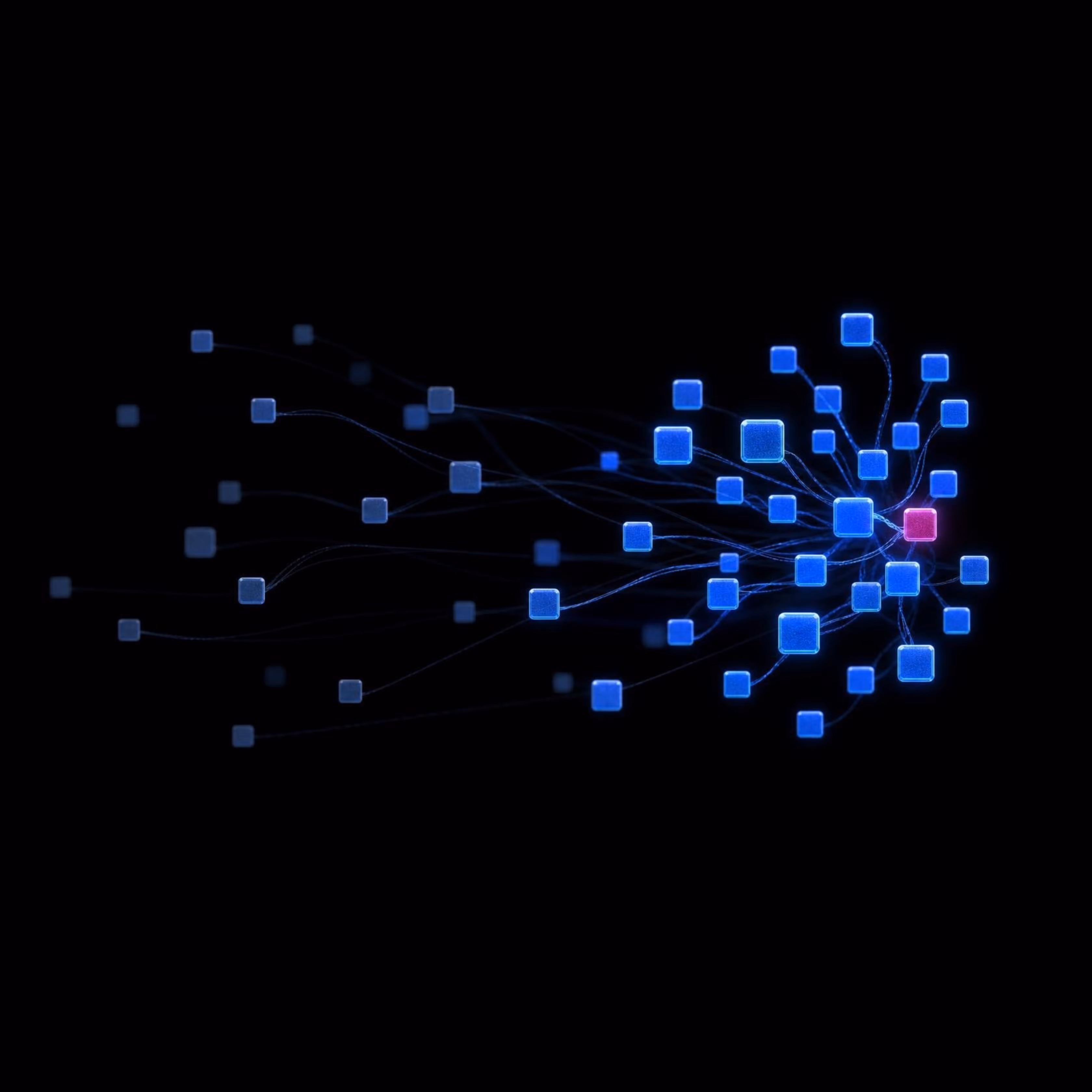 Abstract render of glowing blue tiles converging into a bright cluster, symbolizing connected identity data