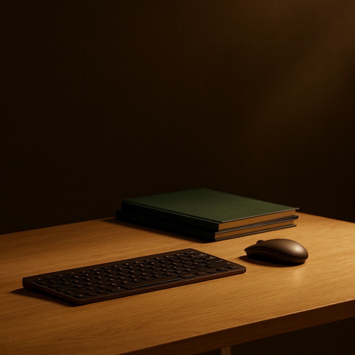 A quiet desk in warm low light with a keyboard, mouse and a stack of notebooks.